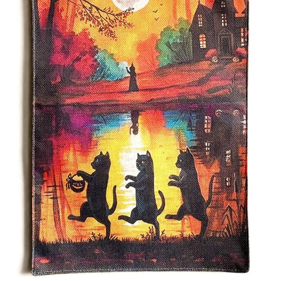 Durable Burlap Colorful Halloween Spooky Black Cats Witch Full Moon Flag Hanging - Picture 3 of 7